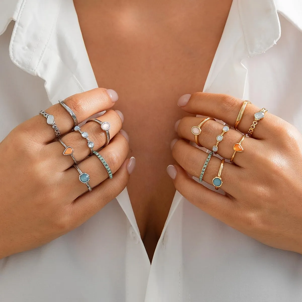 CJIAYUJEW Chunky Gold Rings for Women Crystal Rhinestone Thick Ring Sets Silver Chunky Rings Set Thick Gold Statement Rings for Women Jewelry