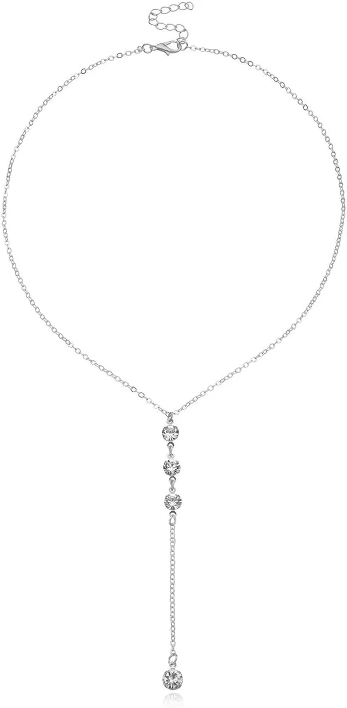 CJIAYUJEW Long Lariat Silver Necklaces for Women Gold/Silver Y Shaped Cubic Zirconia Pendant Chain Necklace Trendy Long Layered Silver Necklace Jewelry for Women Gift