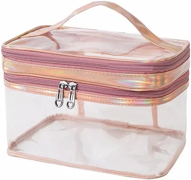 Clear Makeup Bag Waterproof Toiletry Bag Portable Travel Organizer Makeup Case Double Layer Cosmetic Bag Storage Pouch for Women and Girl, Pink, 24 x 15 x 15cm