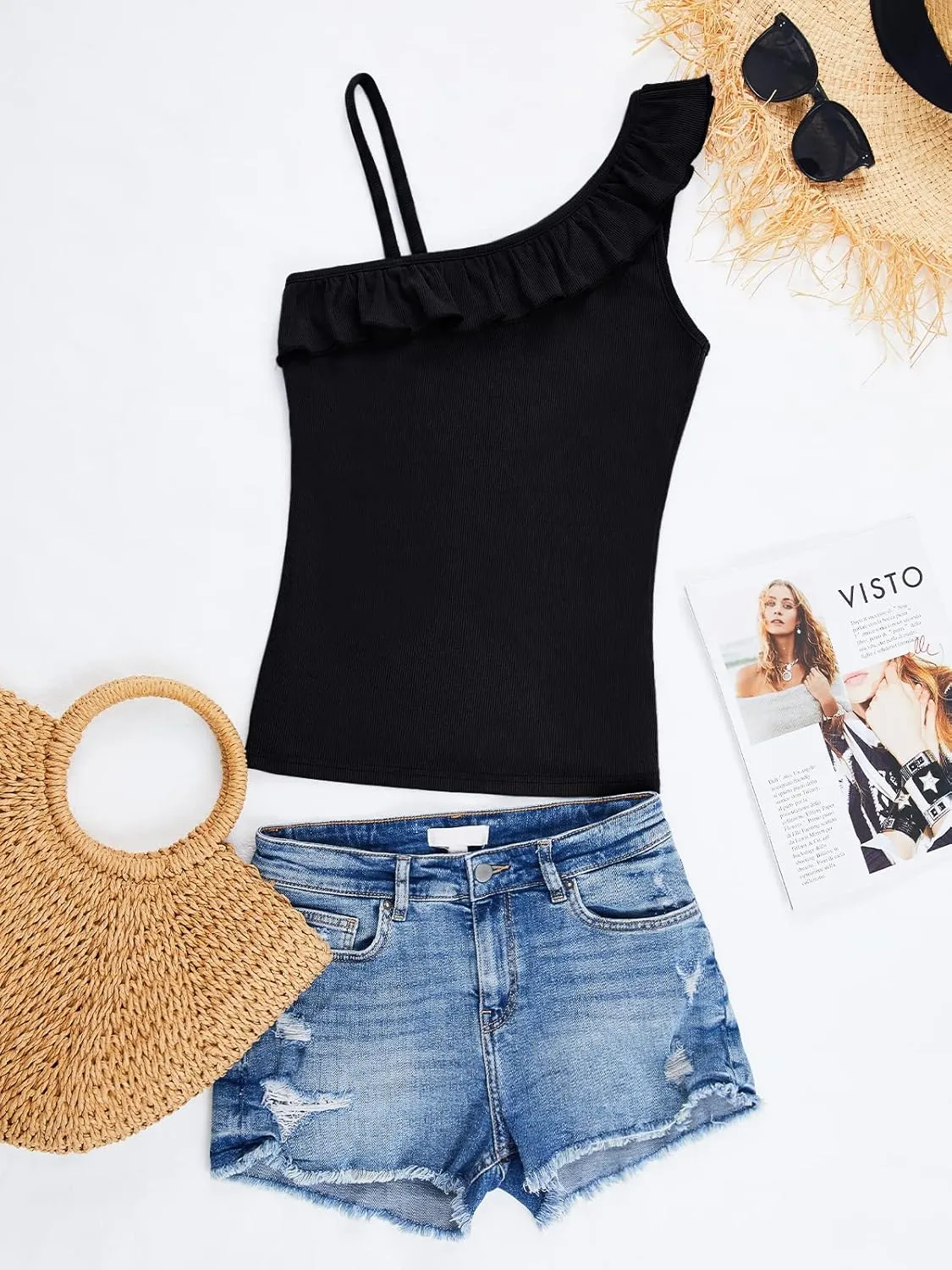 CNJFJ Womens Summer Bodycon Camisoles One Shoulder Strap Square Neck Blouse Rib Knitted Ruffle Tank Tops