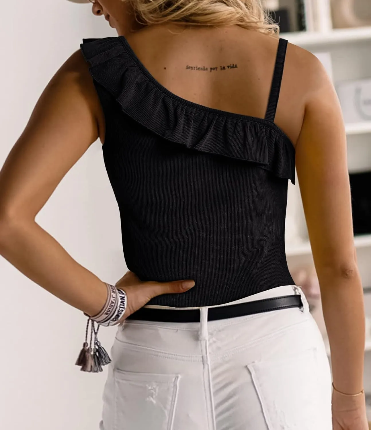 CNJFJ Womens Summer Bodycon Camisoles One Shoulder Strap Square Neck Blouse Rib Knitted Ruffle Tank Tops