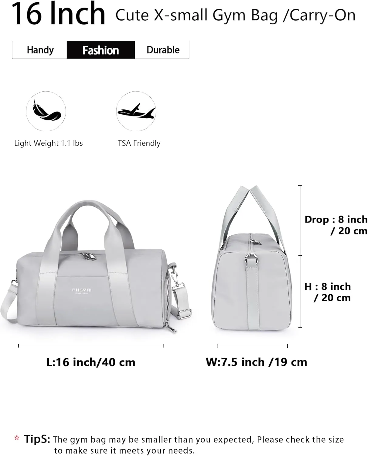 Compact Sports Gym Bag for Women and Men, Cute Mini Duffle Bag with Wet Pocket & Shoes Compartment, Personal Item Travel Workout Bag, 16"-Small, Grey