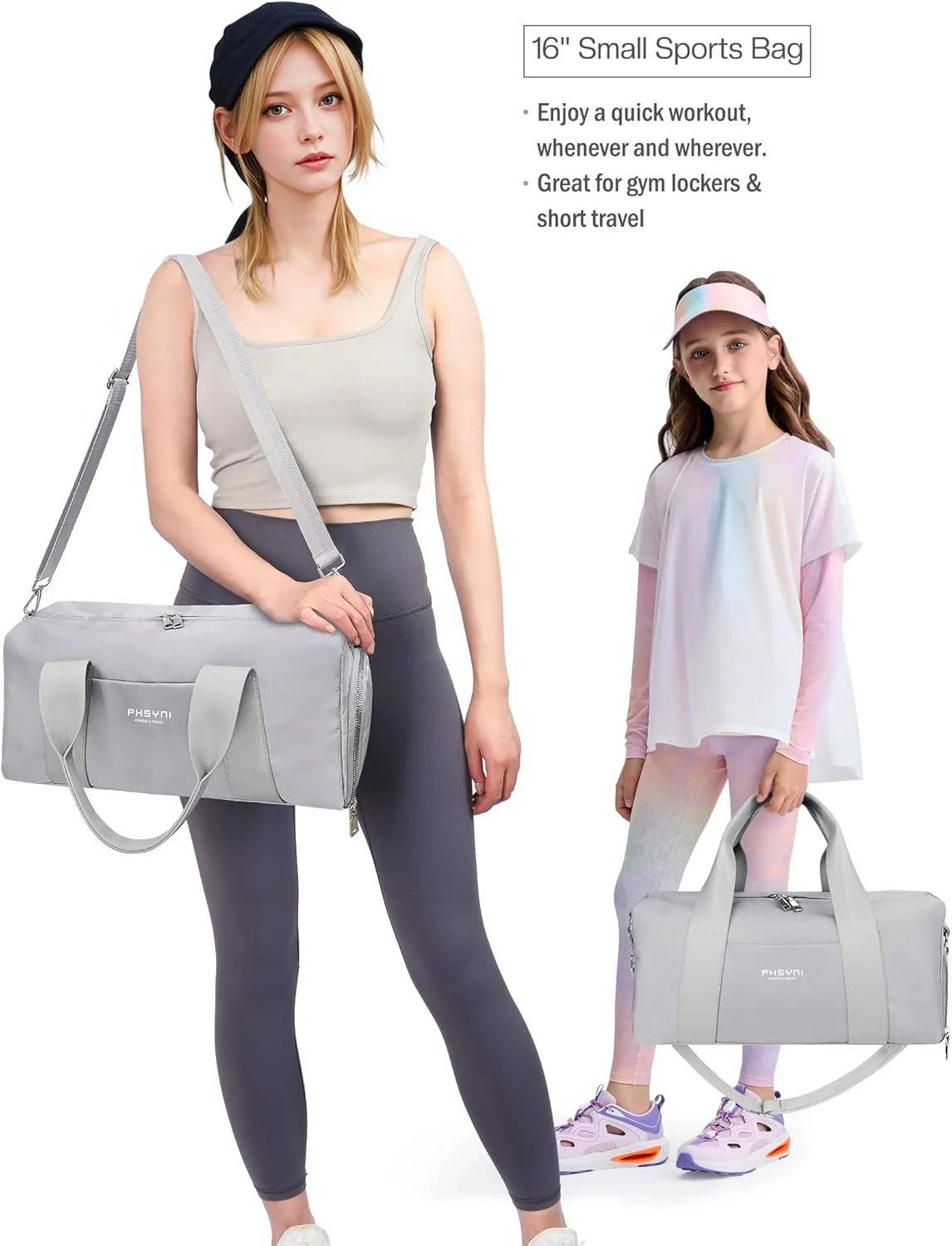 Compact Sports Gym Bag for Women and Men, Cute Mini Duffle Bag with Wet Pocket & Shoes Compartment, Personal Item Travel Workout Bag, 16"-Small, Grey