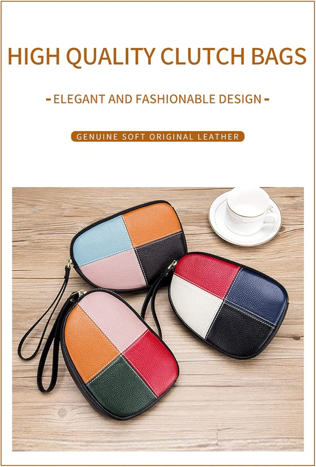 Contrast Color Patchwork Clutch bag for Women Leather Handbags Evening Bags Wallet Purse Pouch with Wrist Strap