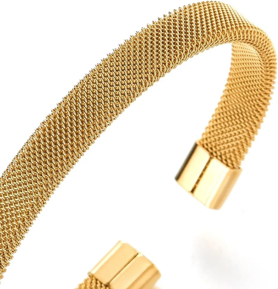 COOLSTEELANDBEYOND Elastic Adjustable Black Stainless Steel Mesh Cable Bangle Bracelet for Men Women