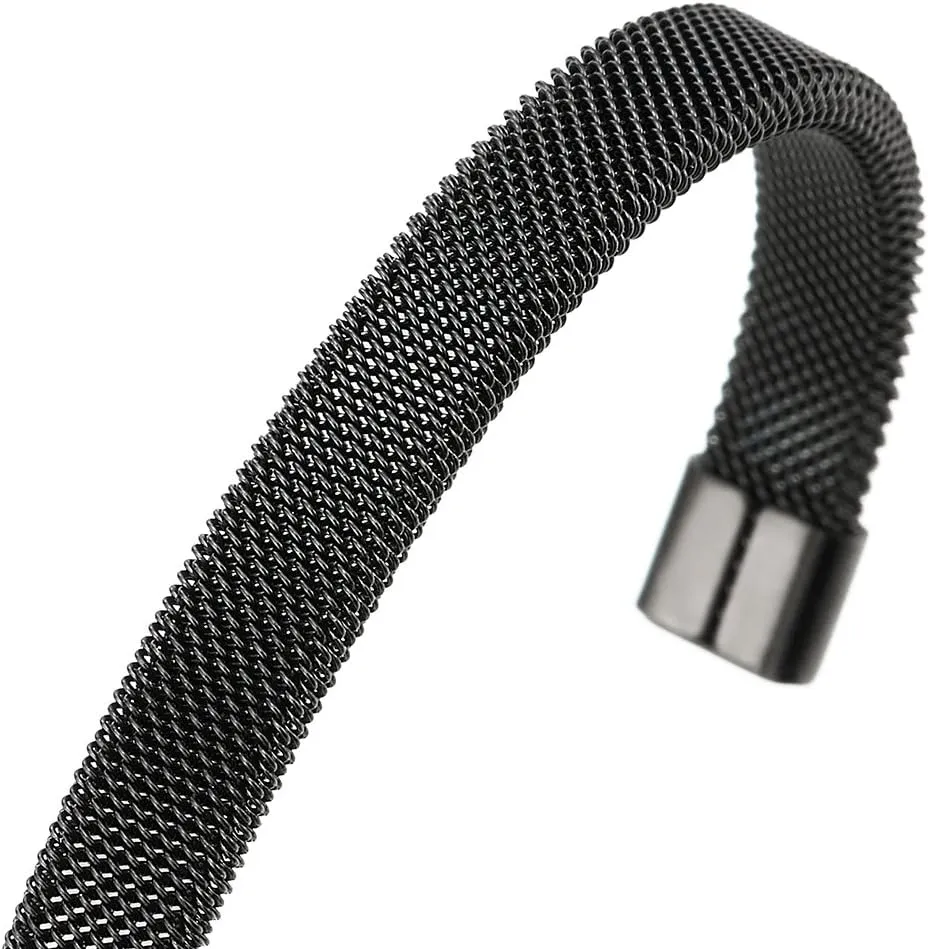 COOLSTEELANDBEYOND Elastic Adjustable Black Stainless Steel Mesh Cable Bangle Bracelet for Men Women