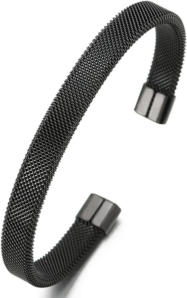 COOLSTEELANDBEYOND Elastic Adjustable Black Stainless Steel Mesh Cable Bangle Bracelet for Men Women