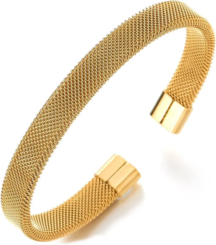 COOLSTEELANDBEYOND Elastic Adjustable Black Stainless Steel Mesh Cable Bangle Bracelet for Men Women