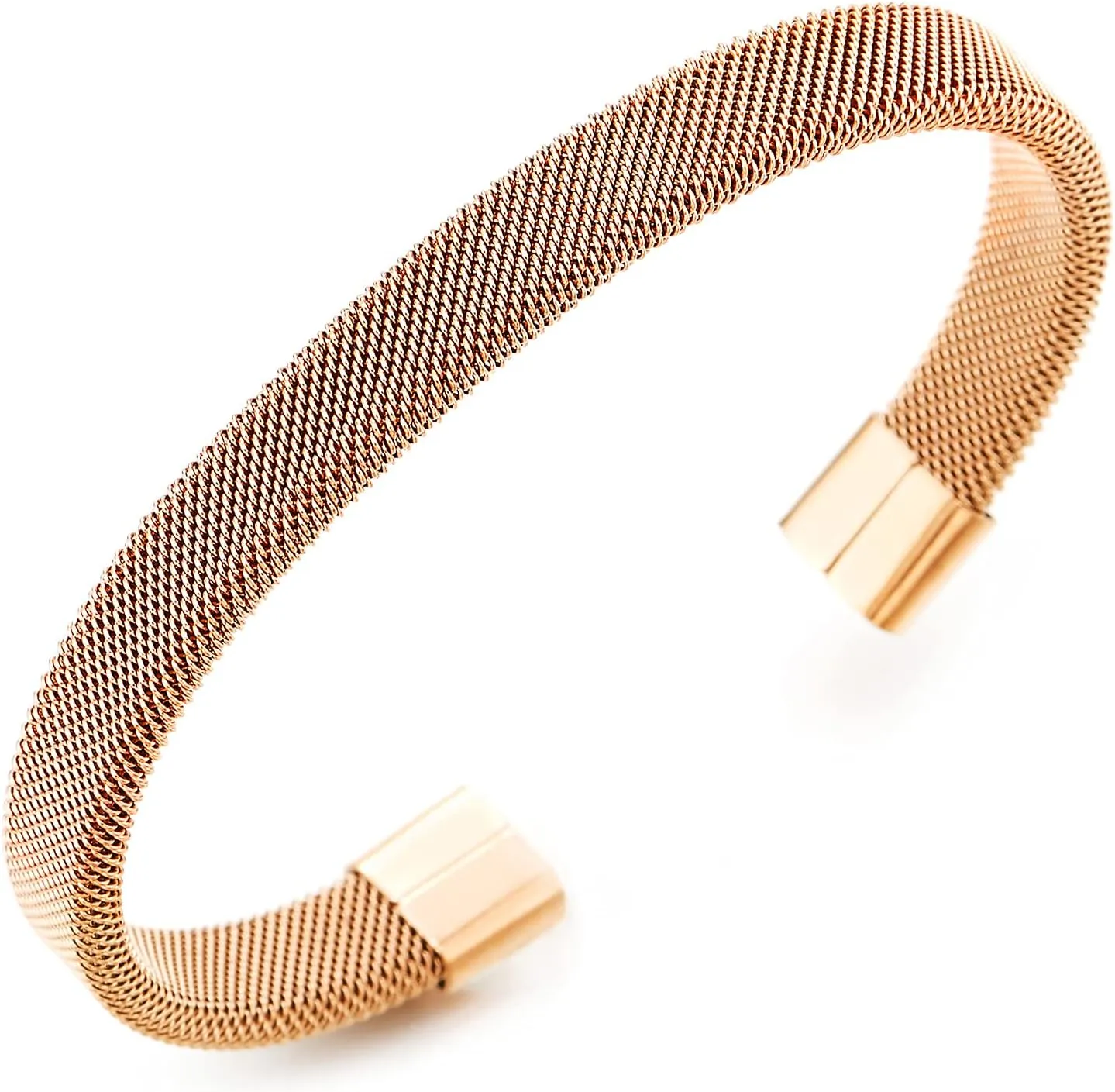 COOLSTEELANDBEYOND Elastic Adjustable Rose Gold Stainless Steel Mesh Cable Bangle Bracelet for Men Women