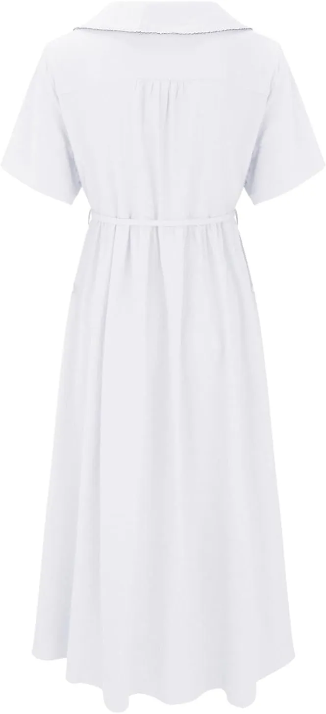 Cotton Linen Dresses for Women 2024 Vintage Short Sleeve Flowy Beach Dress Collar V Neck Button Down Pleated Midi Dress