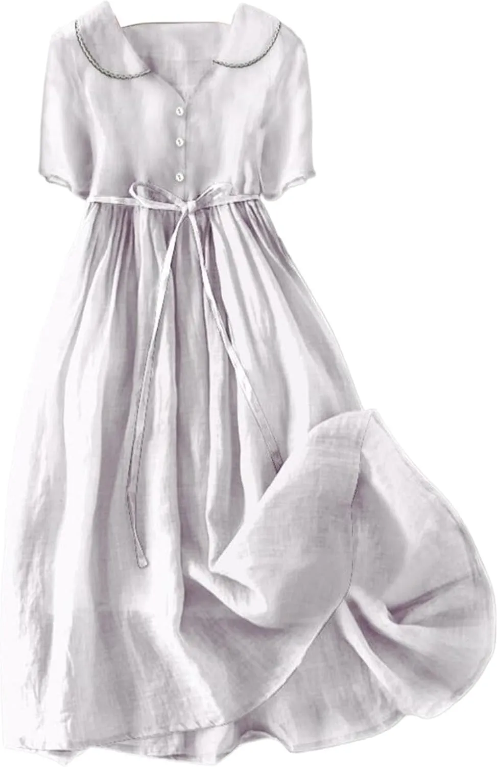 Cotton Linen Dresses for Women 2024 Vintage Short Sleeve Flowy Beach Dress Collar V Neck Button Down Pleated Midi Dress