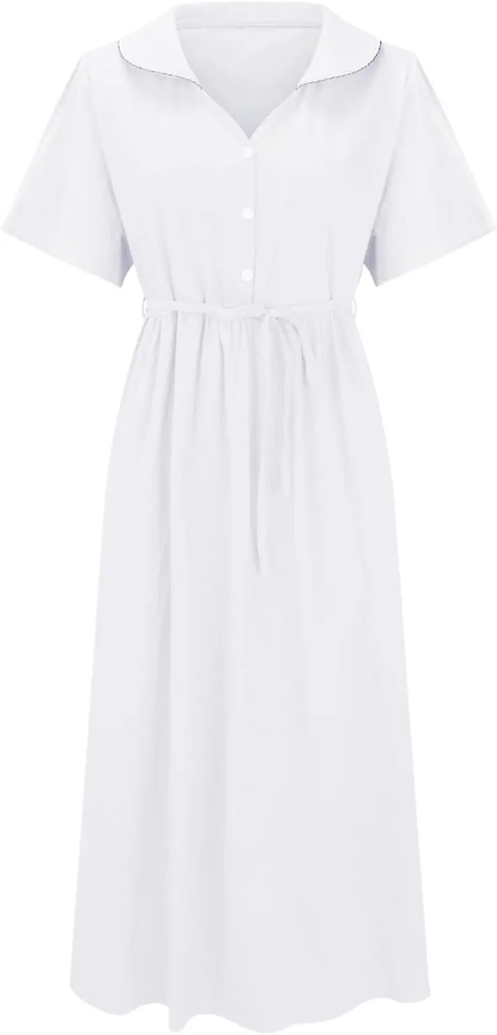 Cotton Linen Dresses for Women 2024 Vintage Short Sleeve Flowy Beach Dress Collar V Neck Button Down Pleated Midi Dress