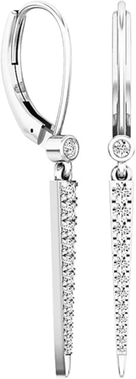 Created Real 925 Sterling Silver 14K White Gold Plated Round Cut White Diamond Single Row Bar Leverback Drop Dangle Earrings jewelry Christmas Gifts for Women