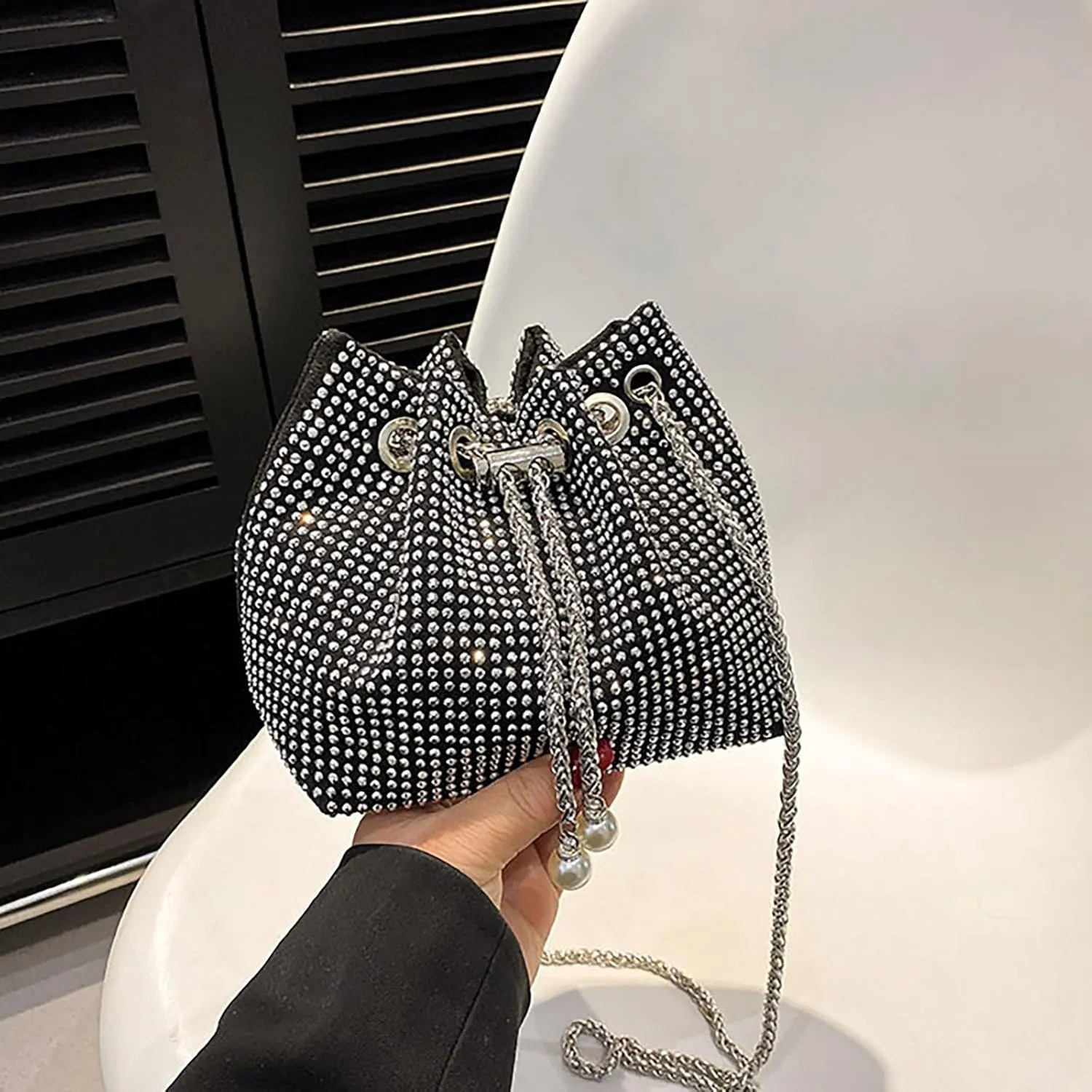 Crossbody Shoulder Evening Bag Shinny Bling Clutch Purse Bucket Pearl Strap Handbag For Women Large Purse for Women