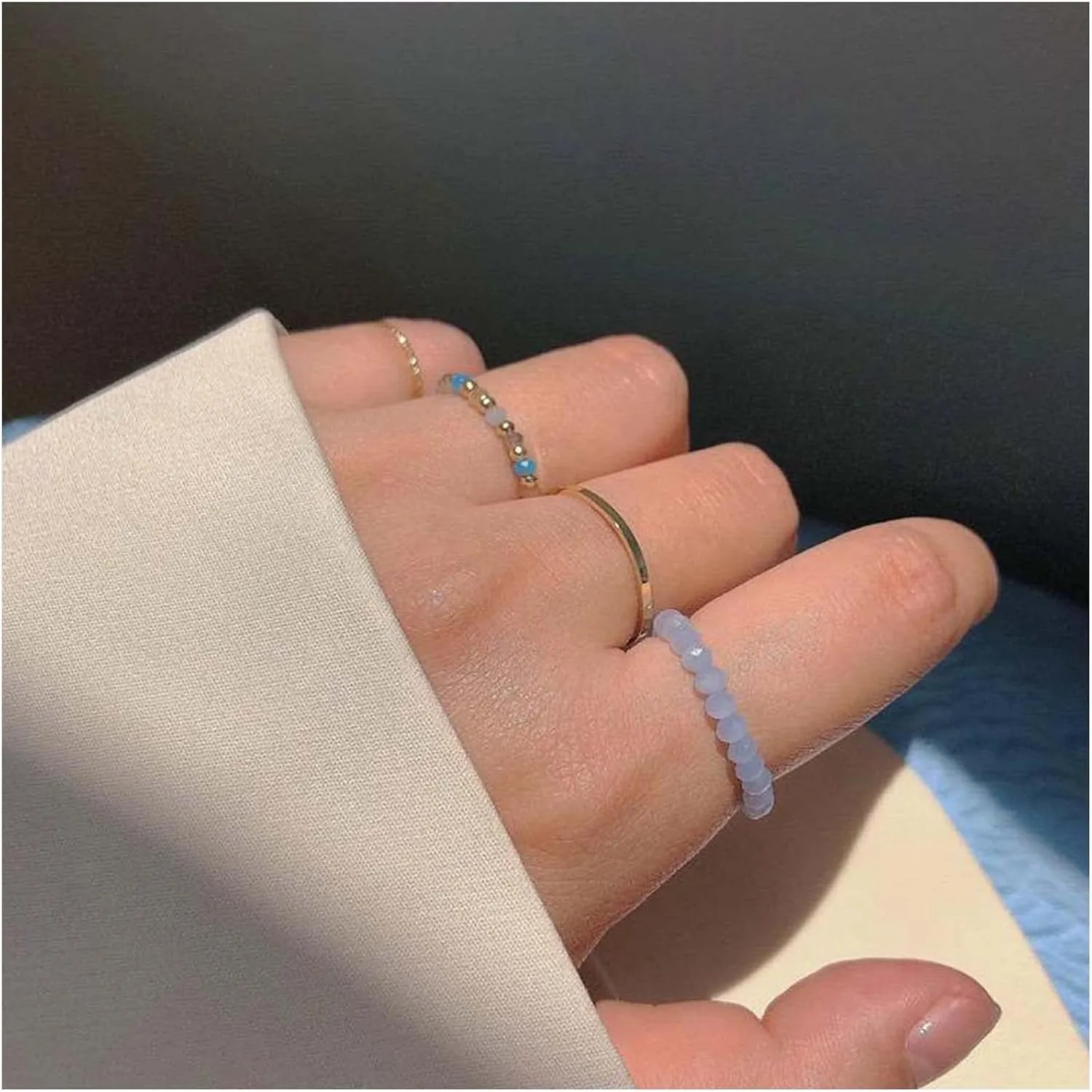 Crystal Beaded Stretch Rings Stretch Bead Stacking Rings Gemstone Bead Rings Crystal Bead Stackable Rings Rice Bead Elastic Rings Handmade Stretch Rings Set Jewelry for Women