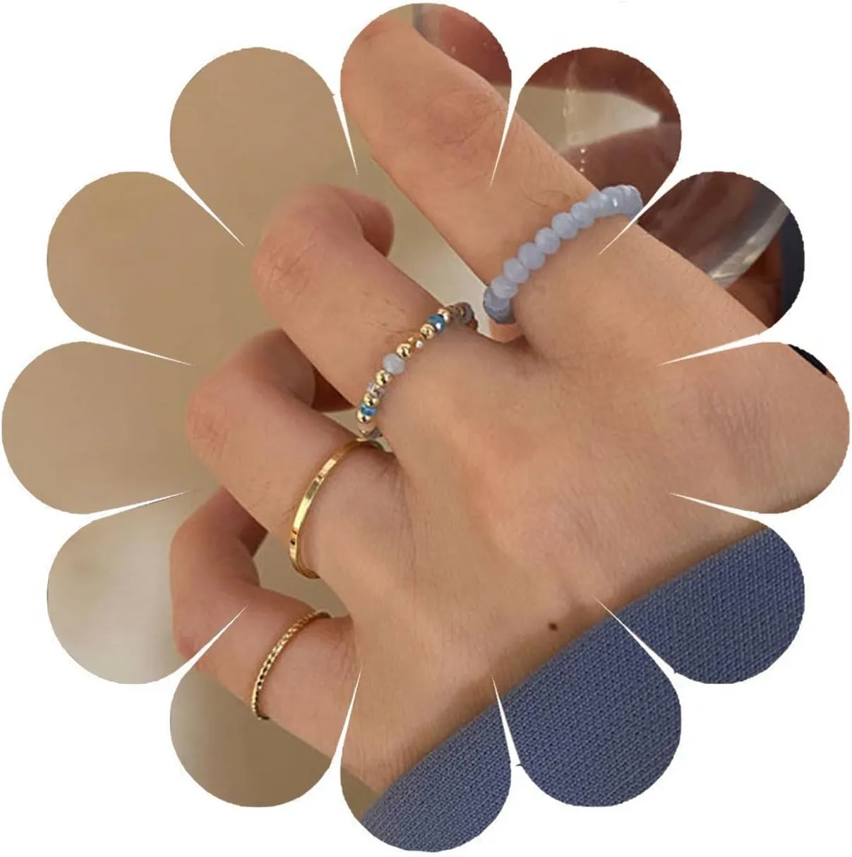 Crystal Beaded Stretch Rings Stretch Bead Stacking Rings Gemstone Bead Rings Crystal Bead Stackable Rings Rice Bead Elastic Rings Handmade Stretch Rings Set Jewelry for Women
