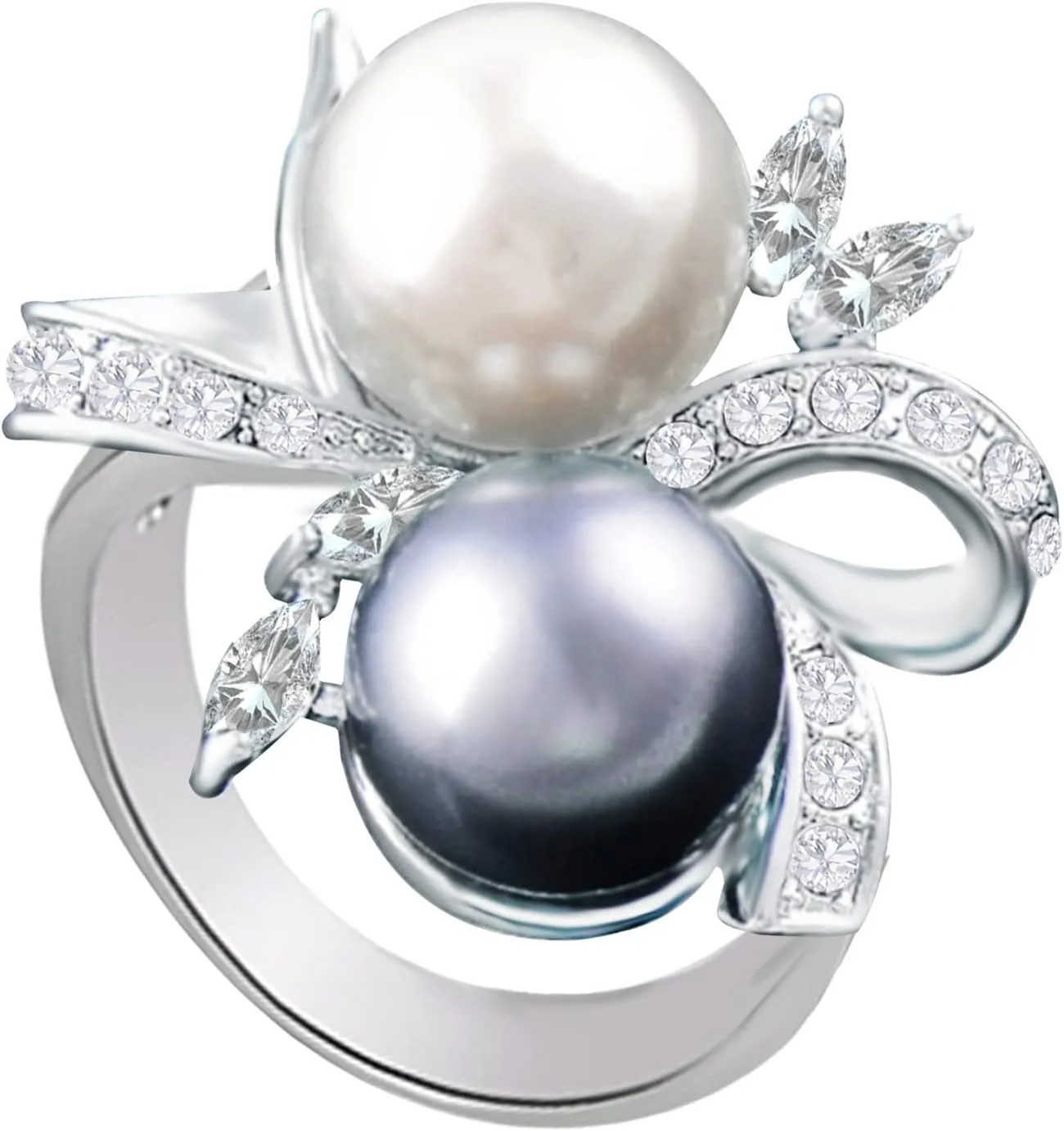 Crystal Pearl Flower Cocktail Rings Elegant Rhinestone Floral Engagement Wedding Statement Rings Uniquely Fashion Jewelry for Women Gift