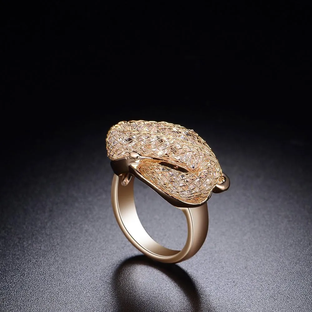 Cubic Zirconia Statement Rings Fashion Rose Gold Mesh Crystal CZ Chunky Ring for Women