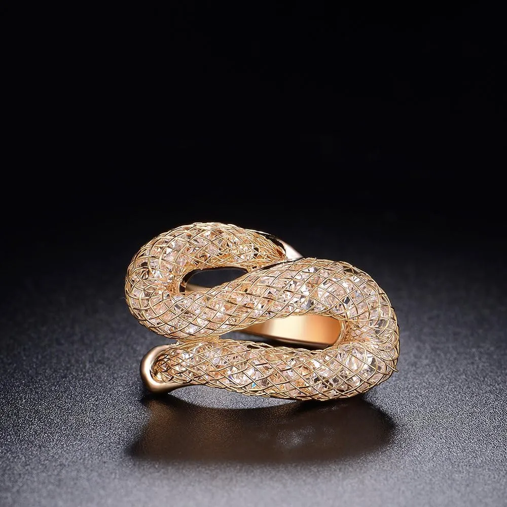 Cubic Zirconia Statement Rings Fashion Rose Gold Mesh Crystal CZ Chunky Ring for Women