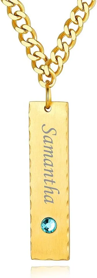 Custom4U Personalized Birthstone Bar Necklaces for Women, Custom Made Stainless Steel/Black/Gold Vertical Bar Pendants with 1-3 Names Engraved   Chain Solid,Unique Memorial Jewelry for Her