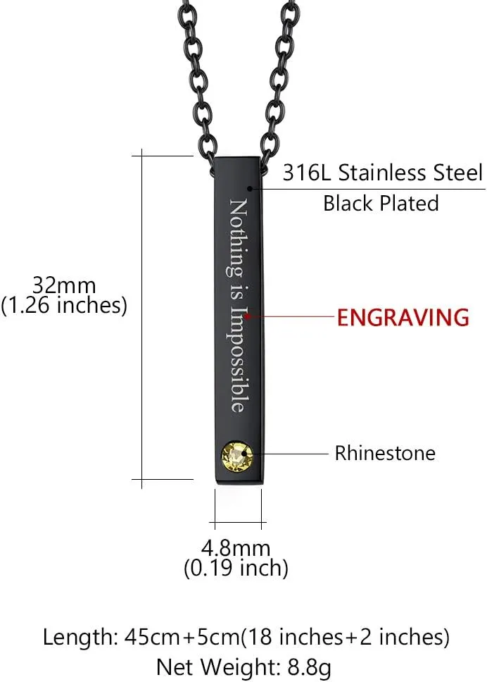 Custom4U Personalized Birthstone Bar Necklaces for Women, Custom Made Stainless Steel/Black/Gold Vertical Bar Pendants with 1-3 Names Engraved   Chain Solid,Unique Memorial Jewelry for Her