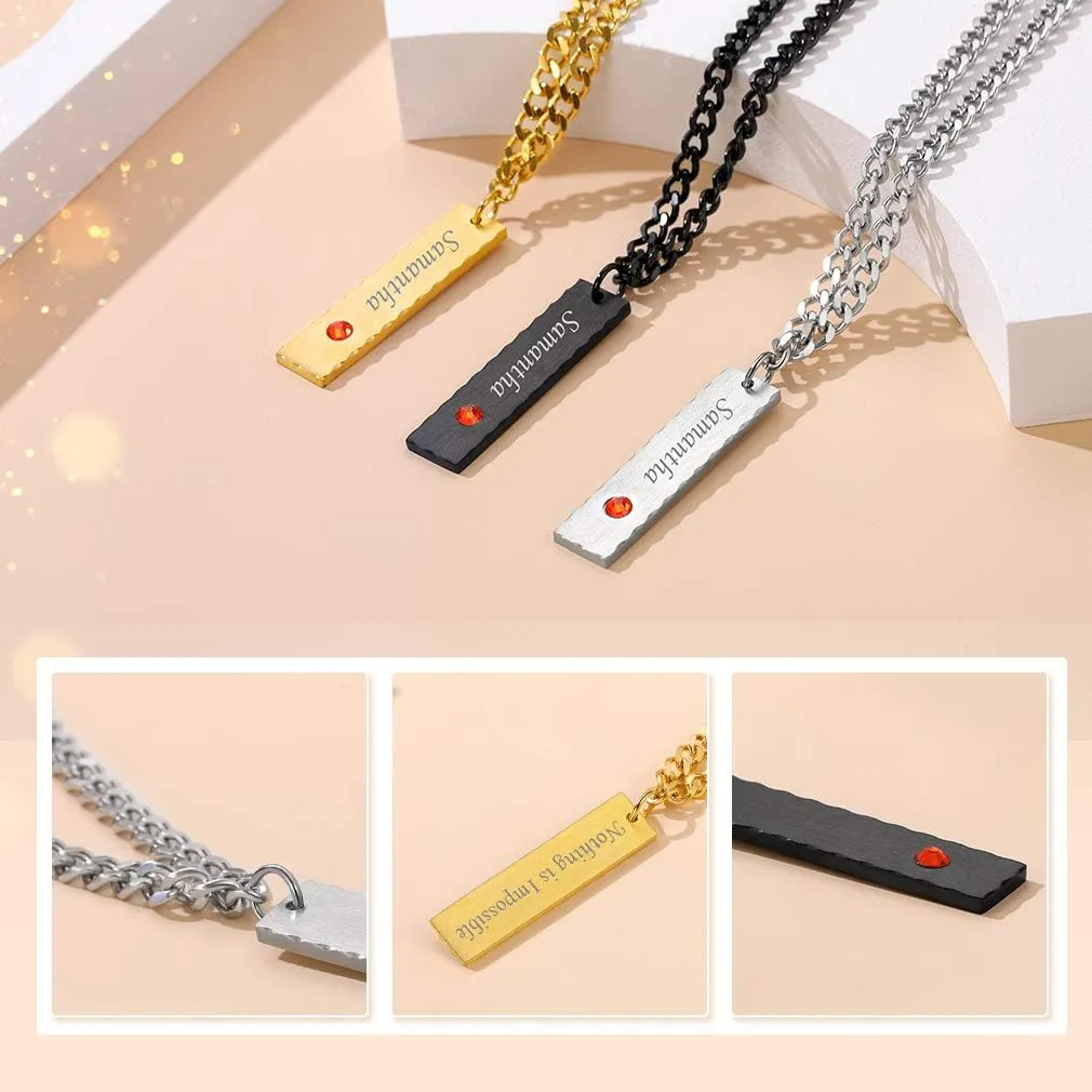 Custom4U Personalized Birthstone Bar Necklaces for Women, Custom Made Stainless Steel/Black/Gold Vertical Bar Pendants with 1-3 Names Engraved   Chain Solid,Unique Memorial Jewelry for Her