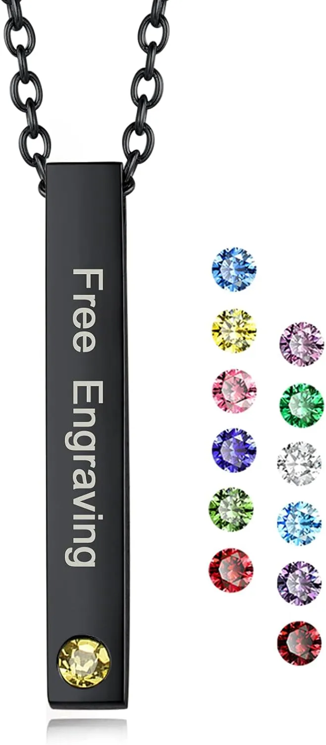 Custom4U Personalized Birthstone Bar Necklaces for Women, Custom Made Stainless Steel/Black/Gold Vertical Bar Pendants with 1-3 Names Engraved   Chain Solid,Unique Memorial Jewelry for Her