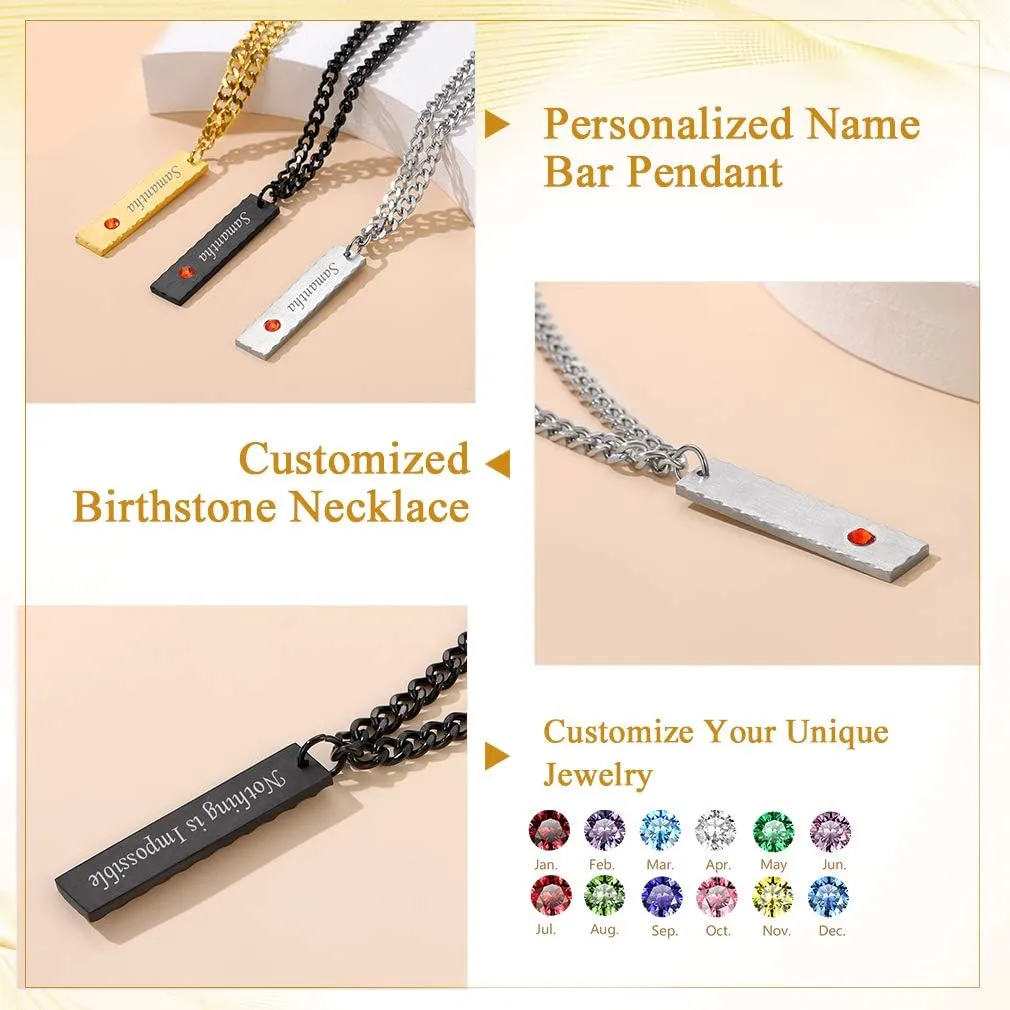 Custom4U Personalized Birthstone Bar Necklaces for Women, Custom Made Stainless Steel/Black/Gold Vertical Bar Pendants with 1-3 Names Engraved   Chain Solid,Unique Memorial Jewelry for Her