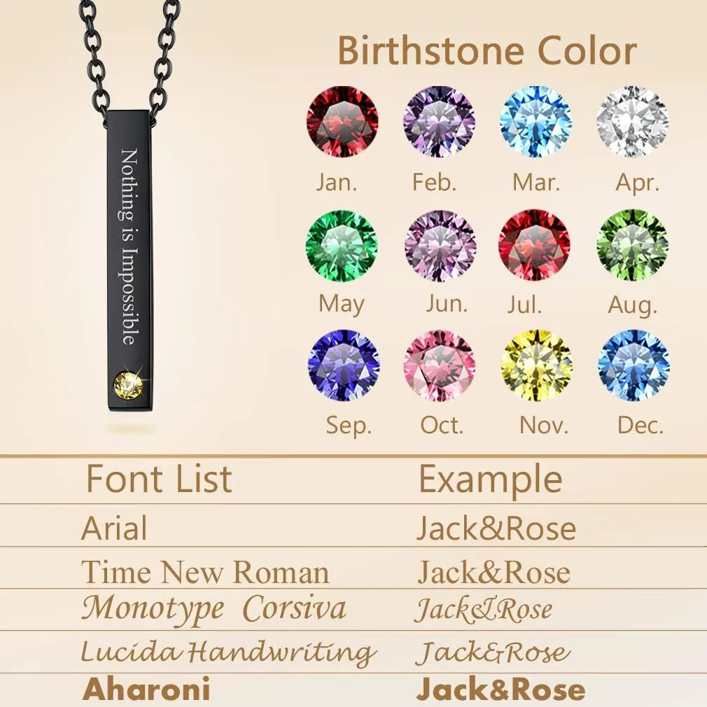 Custom4U Personalized Birthstone Bar Necklaces for Women, Custom Made Stainless Steel/Black/Gold Vertical Bar Pendants with 1-3 Names Engraved   Chain Solid,Unique Memorial Jewelry for Her
