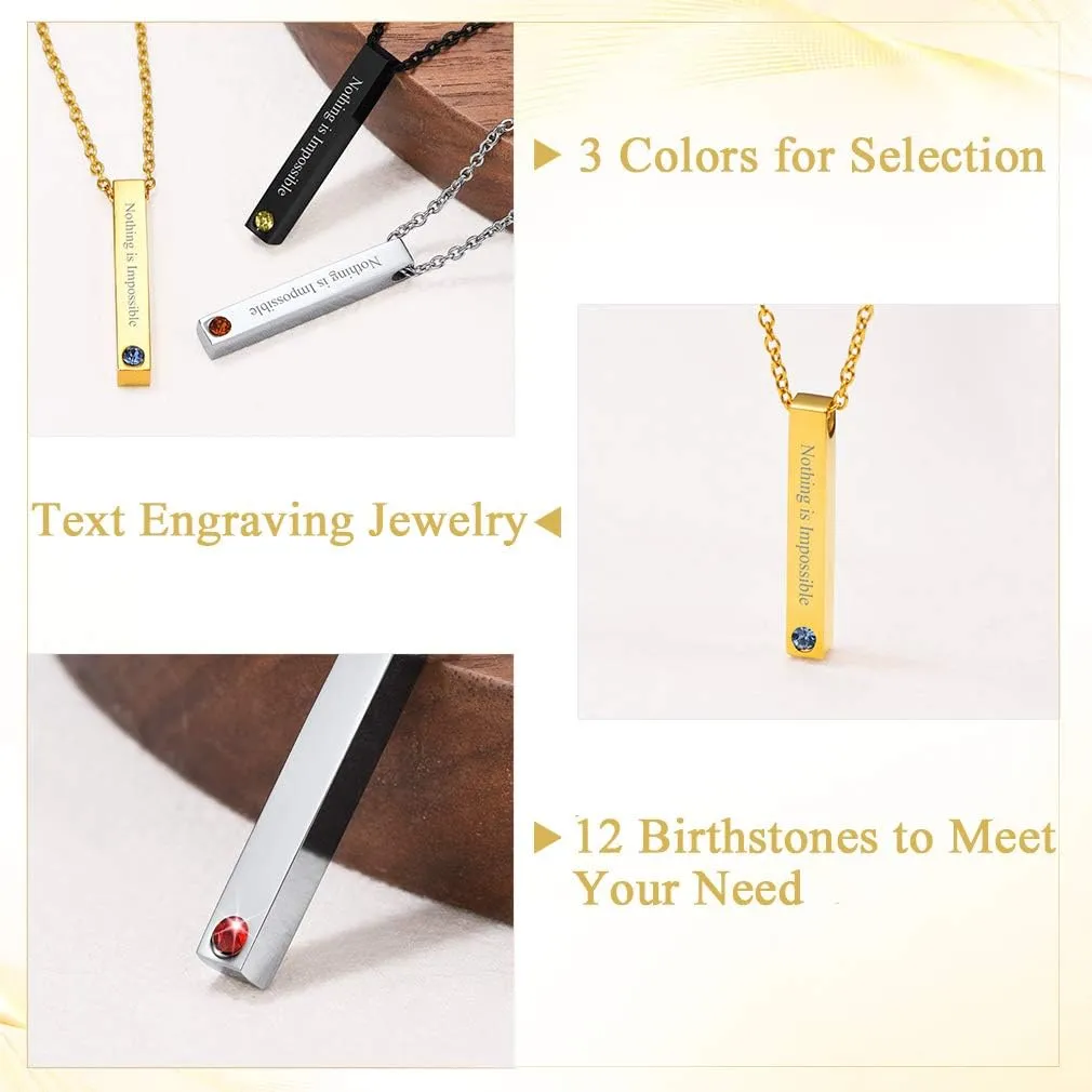Custom4U Personalized Birthstone Bar Necklaces for Women, Custom Made Stainless Steel/Black/Gold Vertical Bar Pendants with 1-3 Names Engraved   Chain Solid,Unique Memorial Jewelry for Her