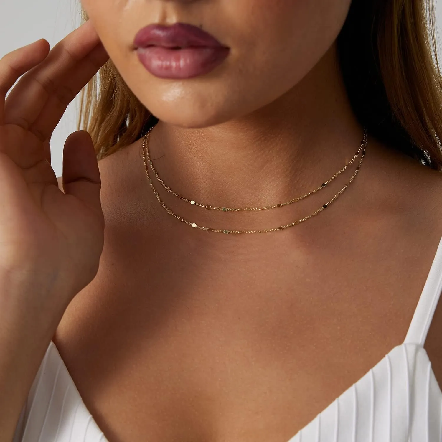 Dainty Layered Choker Necklaces Gold Silver Stacking Layering Pearl Cross Adjustable Multilayer Bar Disc Pendant Necklace for Women Dot Chain Jewelry