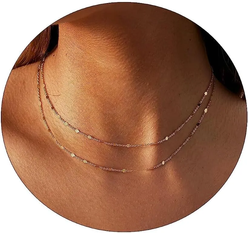 Dainty Layered Choker Necklaces Gold Silver Stacking Layering Pearl Cross Adjustable Multilayer Bar Disc Pendant Necklace for Women Dot Chain Jewelry