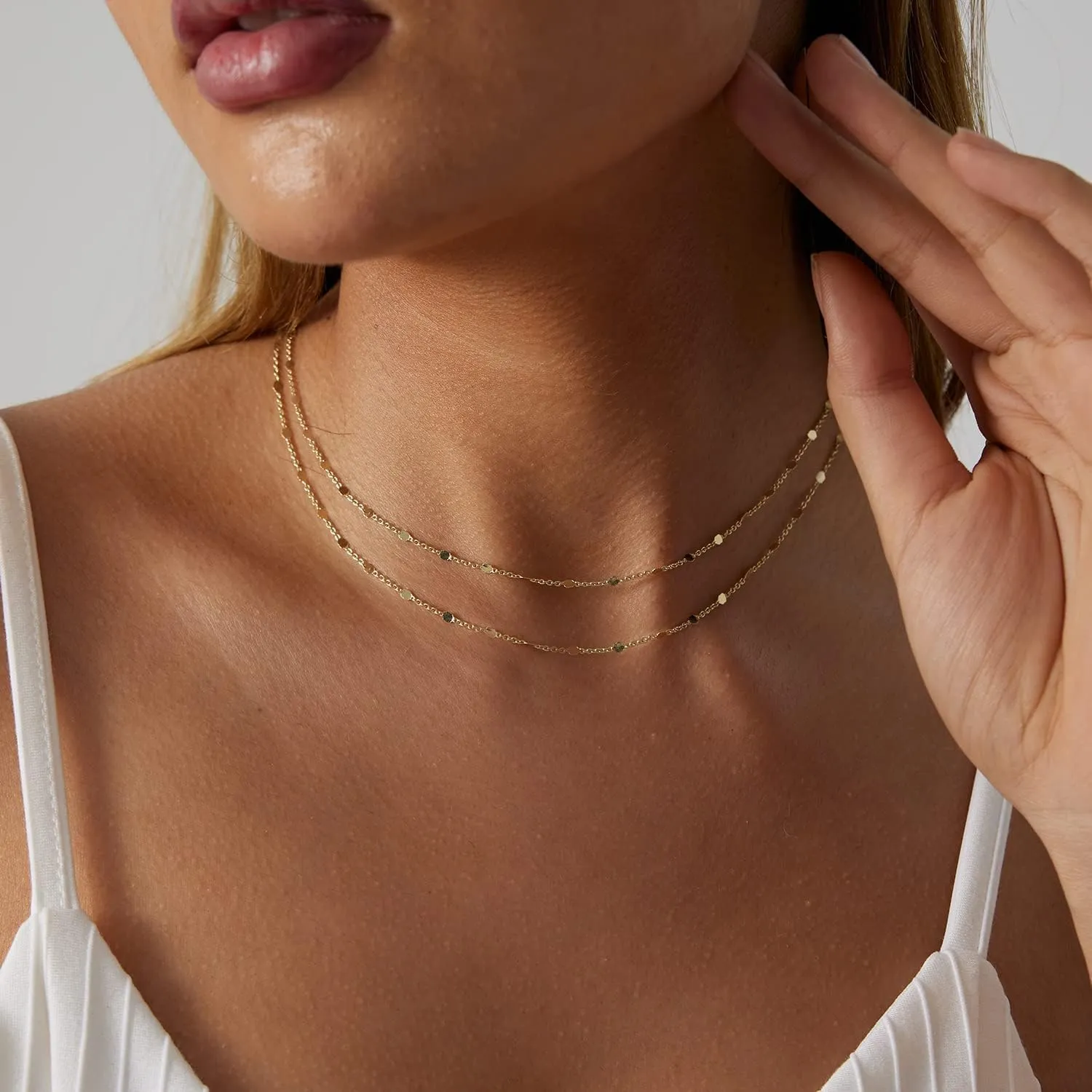 Dainty Layered Choker Necklaces Gold Silver Stacking Layering Pearl Cross Adjustable Multilayer Bar Disc Pendant Necklace for Women Dot Chain Jewelry