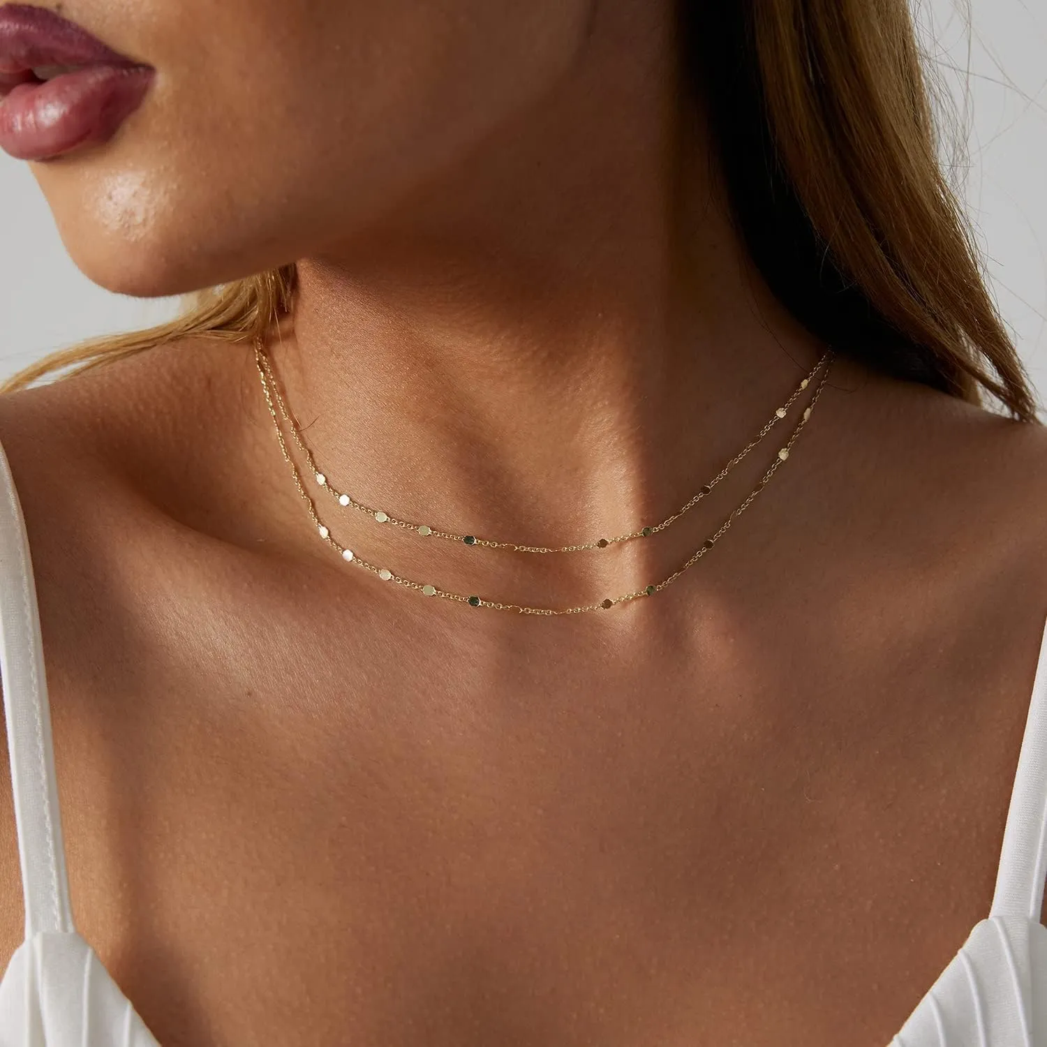 Dainty Layered Choker Necklaces Gold Silver Stacking Layering Pearl Cross Adjustable Multilayer Bar Disc Pendant Necklace for Women Dot Chain Jewelry
