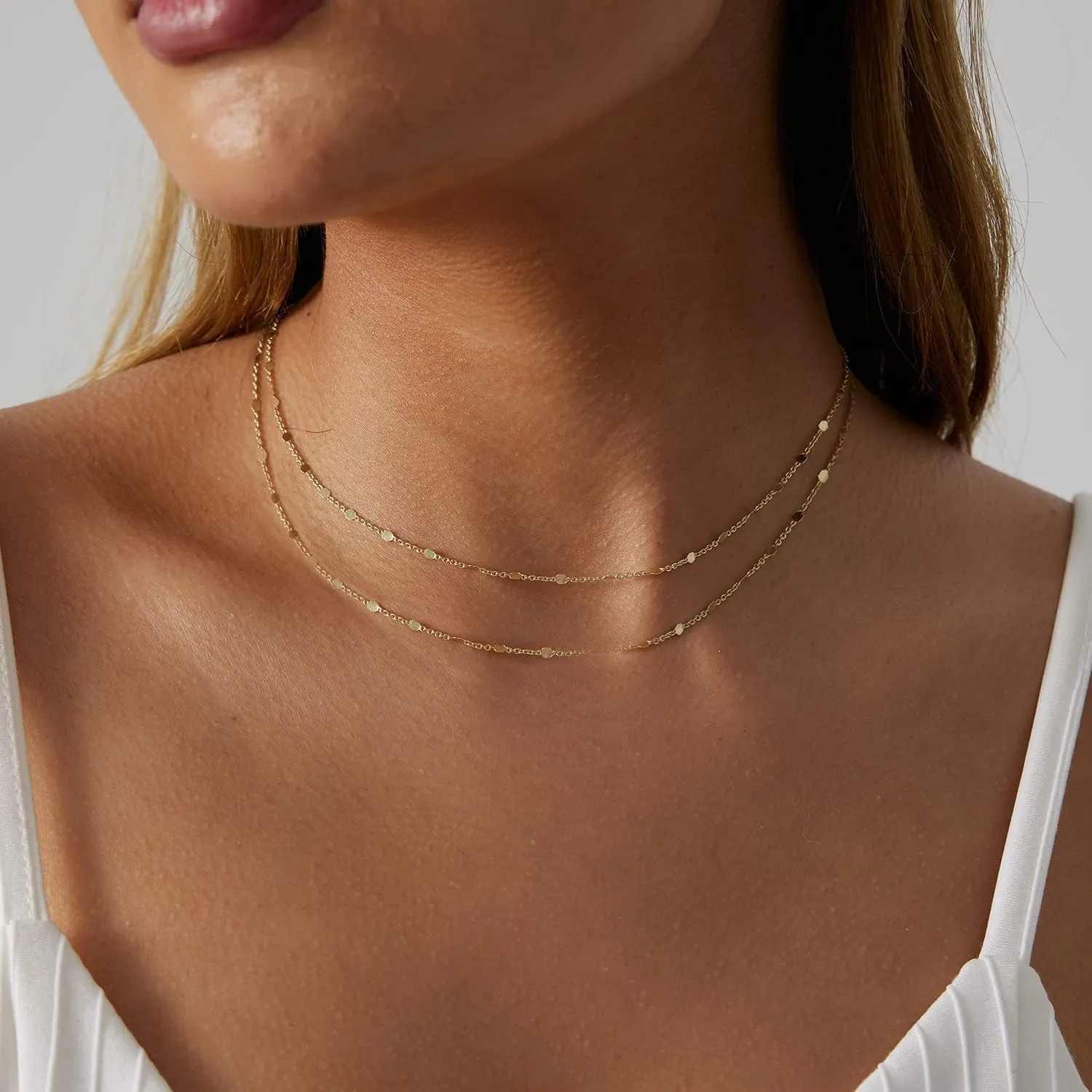 Dainty Layered Choker Necklaces Gold Silver Stacking Layering Pearl Cross Adjustable Multilayer Bar Disc Pendant Necklace for Women Dot Chain Jewelry