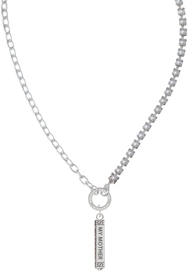 Delight Jewelry Silvertone Always My Mother Bar Stronger Braver Smarter Mixed Cable and Imitation Pearl Chain Choker Necklace, 14.75-17"