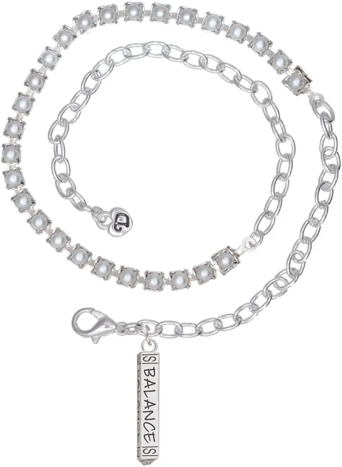 Delight Jewelry Silvertone Balance Bar Imitation Pearl Chain Wrap Charm Bracelet, 14"