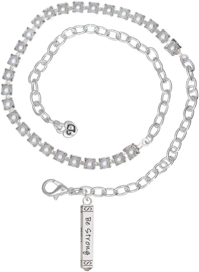 Delight Jewelry Silvertone Be Strong and Courageous Bar Imitation Pearl Chain Wrap Charm Bracelet, 14"