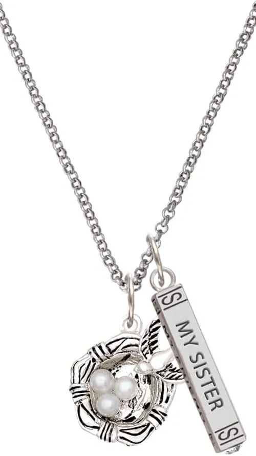 Delight Jewelry Silvertone Birds Nest with Imitation Pearl Eggs Silvertone Always My Sister Bar Charm Necklace, 23"