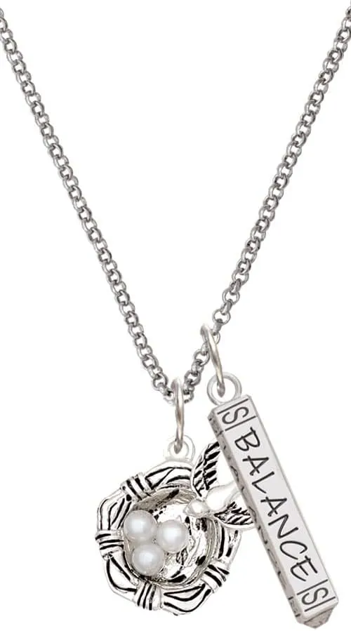 Delight Jewelry Silvertone Birds Nest with Imitation Pearl Eggs Silvertone Balance Bar Charm Necklace, 23"