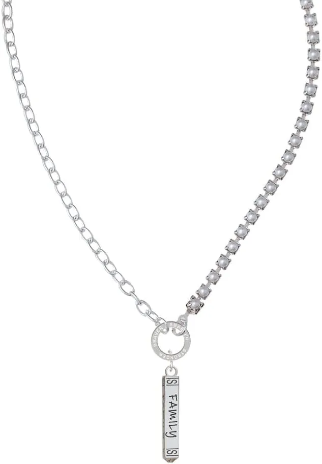 Delight Jewelry Silvertone Family Bar Stronger Braver Smarter Mixed Cable and Imitation Pearl Chain Choker Necklace, 14.75-17"