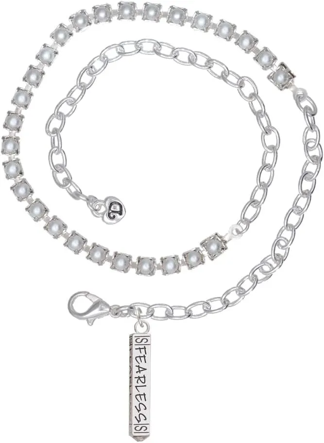 Delight Jewelry Silvertone Fearless Bar Imitation Pearl Chain Wrap Charm Bracelet, 14"