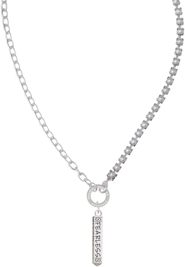 Delight Jewelry Silvertone Fearless Bar Stronger Braver Smarter Mixed Cable and Imitation Pearl Chain Choker Necklace, 14.75-17"