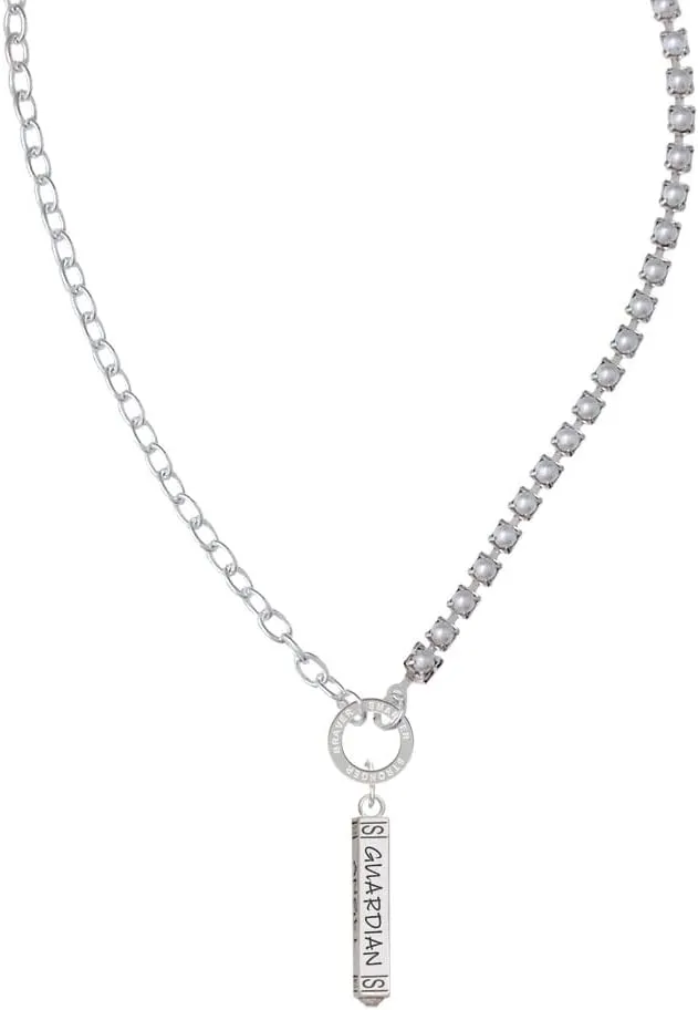 Delight Jewelry Silvertone Guardian Angel Bar Stronger Braver Smarter Mixed Cable and Imitation Pearl Chain Choker Necklace, 14.75-17"