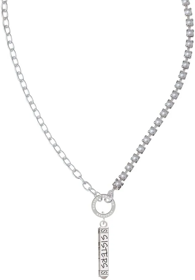 Delight Jewelry Sisters Best Friends Forever Bar Stronger Braver Smarter Mixed Cable and Imitation Pearl Chain Choker Necklace, 14.75-17"