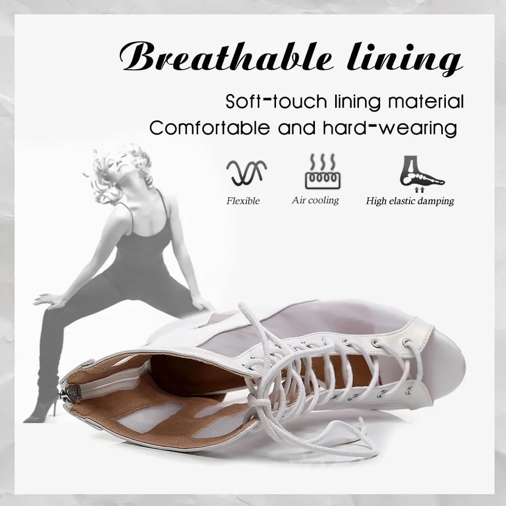 DKZSYIM Open Toe Dance Boots Women Latin Salsa Ballroom Lace-up Ankle Dance Shoes,Model QJW7259