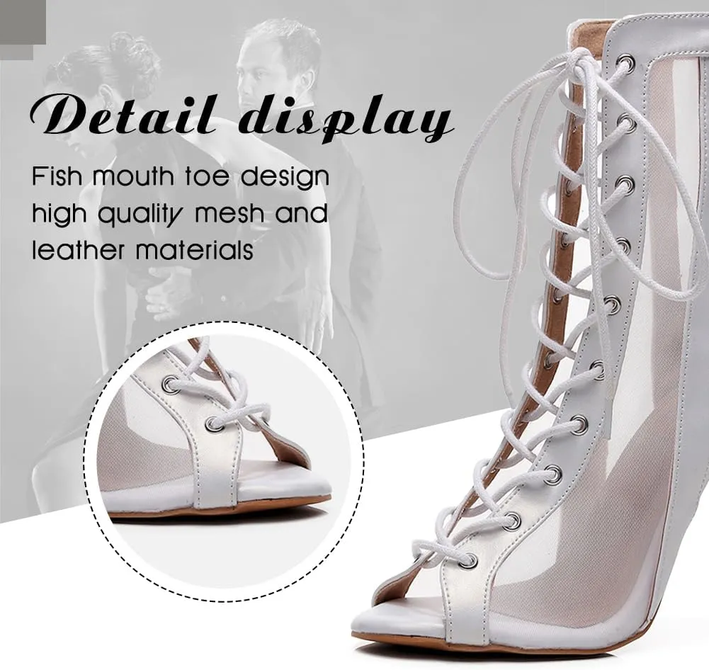 DKZSYIM Open Toe Dance Boots Women Latin Salsa Ballroom Lace-up Ankle Dance Shoes,Model QJW7259