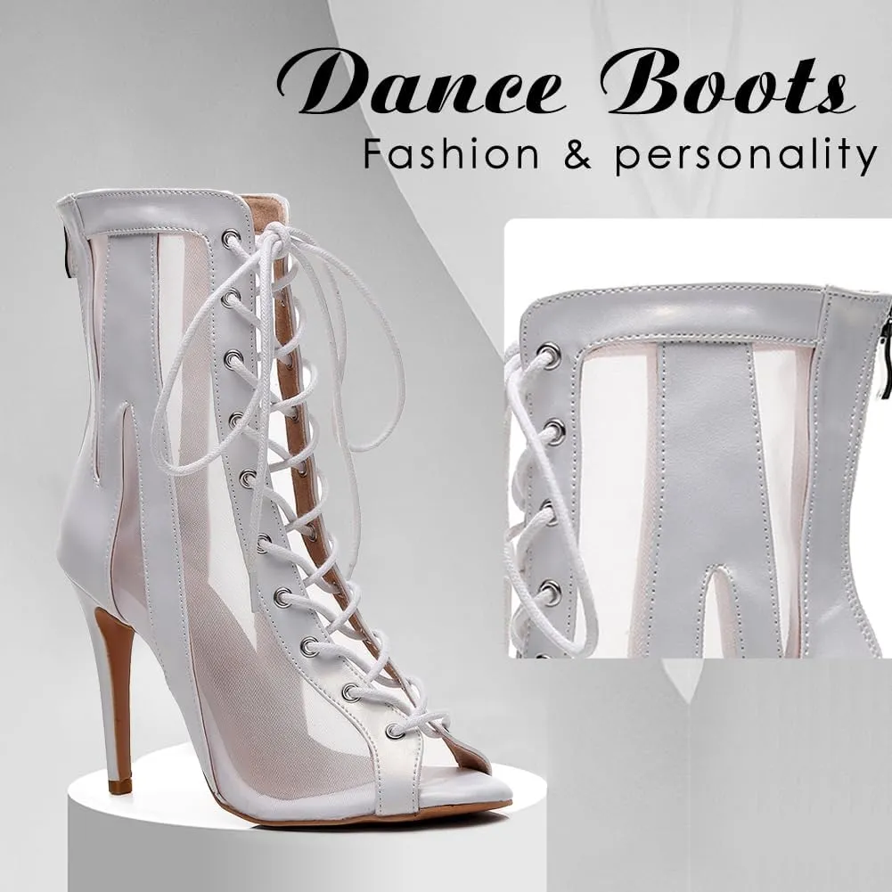 DKZSYIM Open Toe Dance Boots Women Latin Salsa Ballroom Lace-up Ankle Dance Shoes,Model QJW7259
