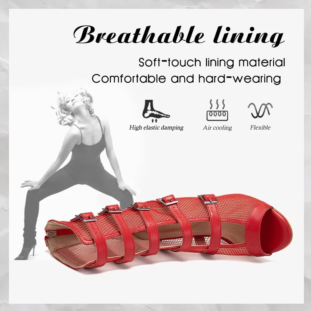 DKZSYIM Open Toe Dance Boots Women Latin Salsa Ballroom Lace-up Ankle Dance Shoes,Model QJWY006