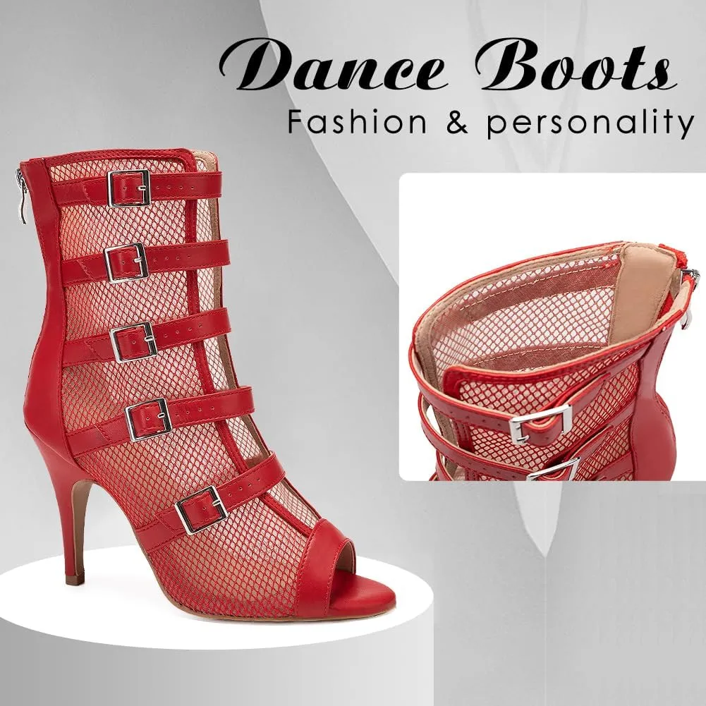 DKZSYIM Open Toe Dance Boots Women Latin Salsa Ballroom Lace-up Ankle Dance Shoes,Model QJWY006